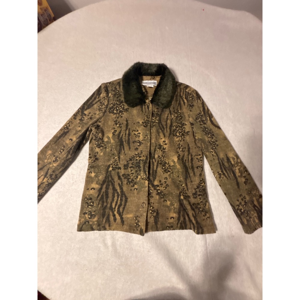 Jessica Howard Cardigan Womens 16‎ Brown Animal Print Faux Fur Collar